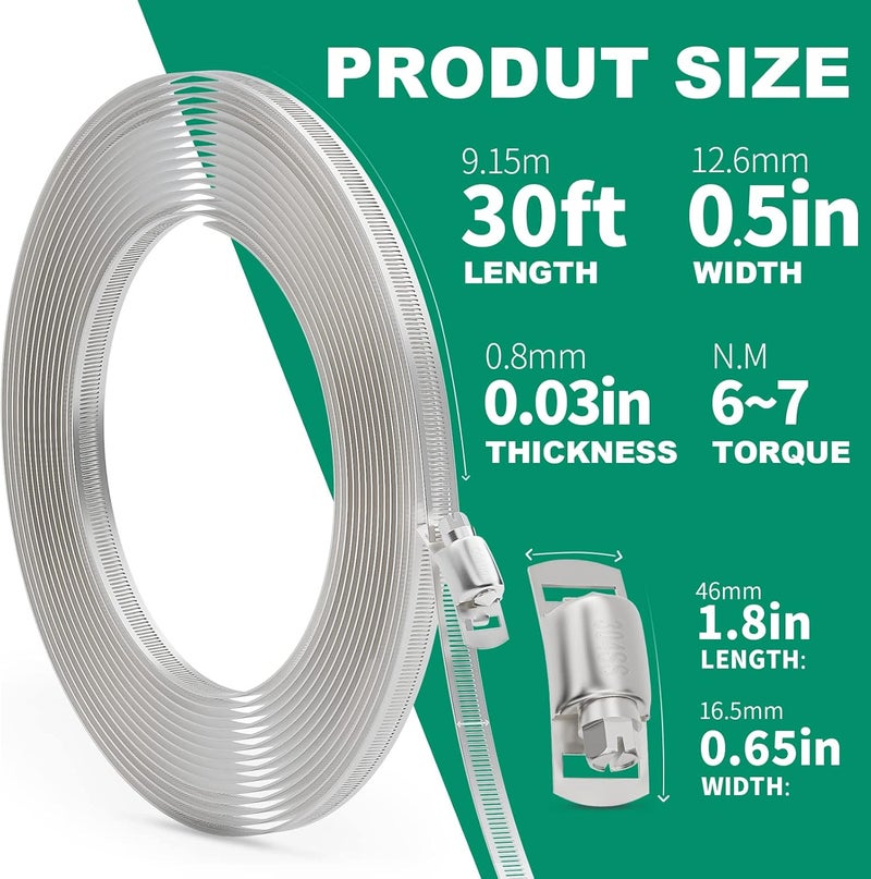 ORU 30FT Hose Clamps,304 Stainless Steel Hose Clamp Assortment Kit DIY Metal Strapping with Holes+15 Fasteners,Adjustable Worm Gear Large Hose Clamps Metal Band Screw Clamp Straps for Pipe,Duct,Tube - Image 2